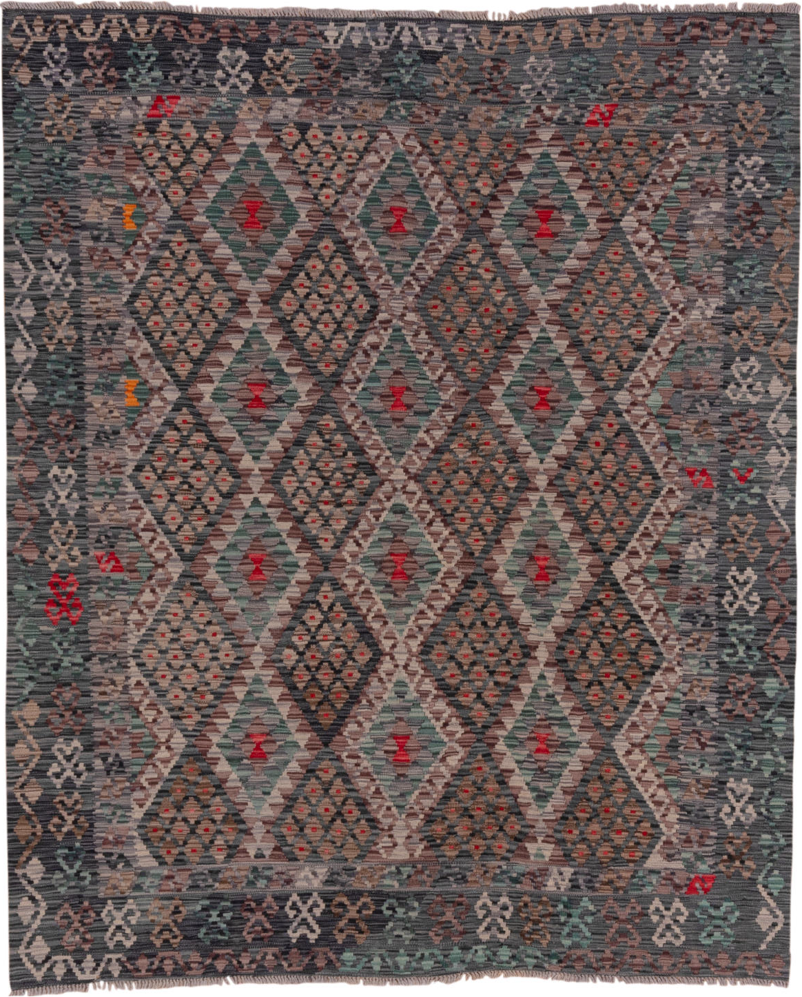 6' x 7' one-of-a-kind handmade vintage Kilim rug. Color palette: black, brown, burgundy, charcoal, dim gray, gray, pink, red