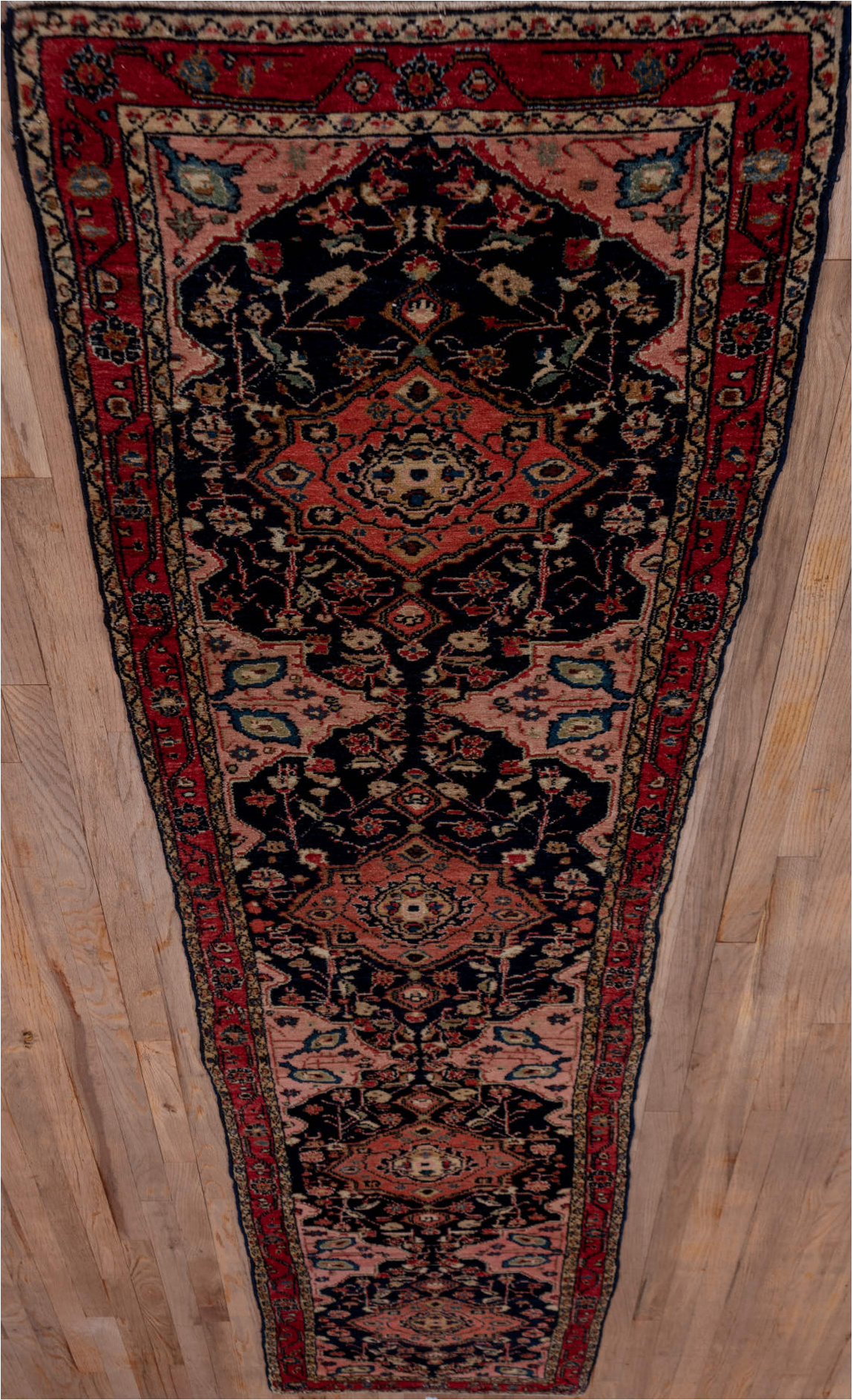 2' x 10' one-of-a-kind handmade vintage Malayer runner rug. Color palette: black, brown, charcoal, gray, pink, red