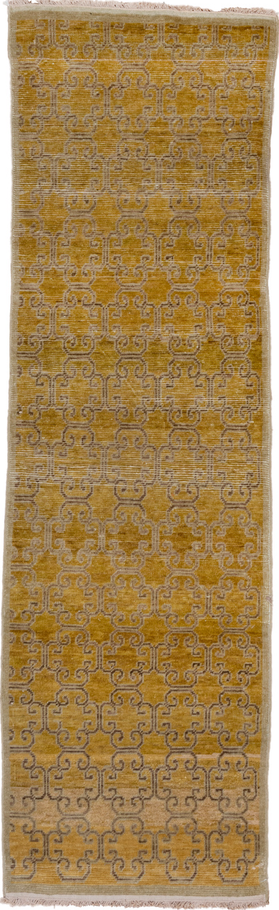 2' x 8' one-of-a-kind handmade vintage Khotan runner rug. Color palette: brown, gray, light gray, off-white, white, snow