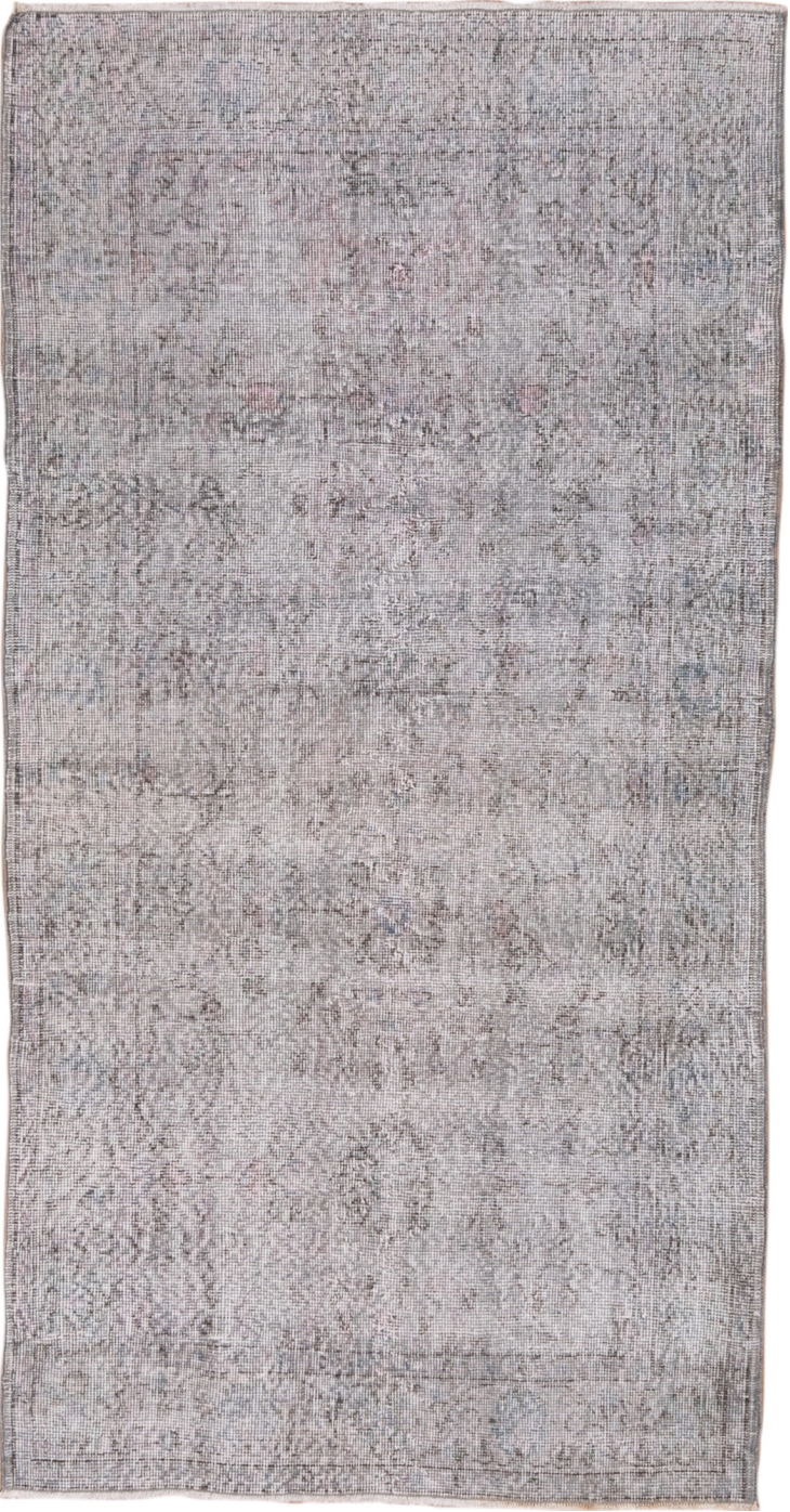 3' x 6' one-of-a-kind handmade vintage Overdyed small size rug. Color palette: dark gray, dim gray, gainsboro, gray