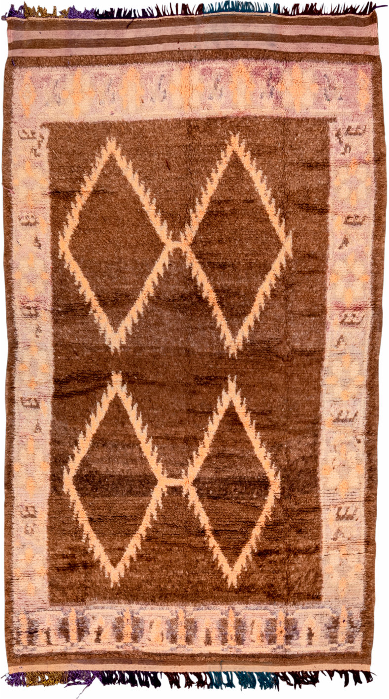 4' x 7' one-of-a-kind handmade vintage Moroccan rug. Color palette: black, blue, brown, gray, off-white, orange, pink
