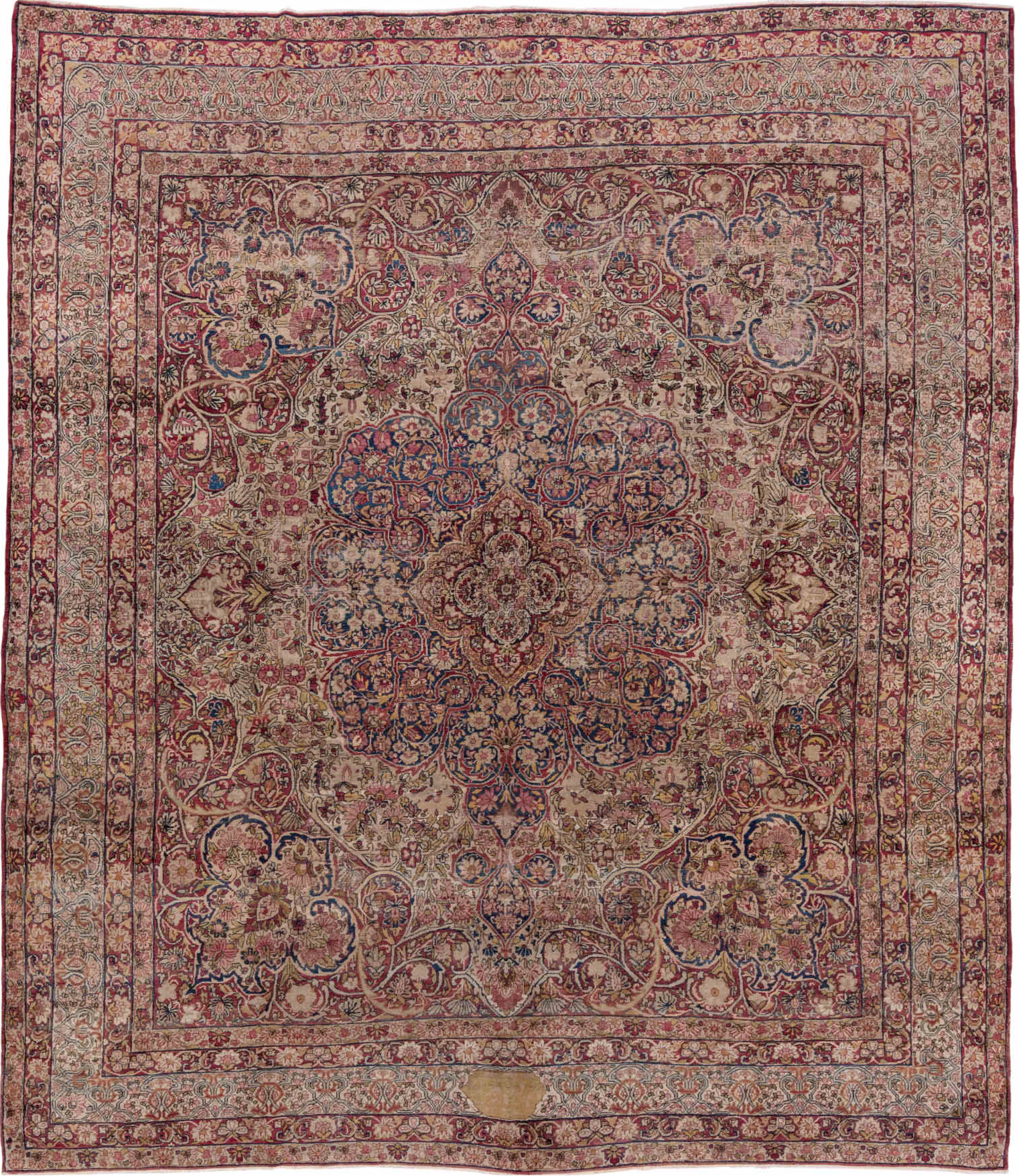 9' x 11' one-of-a-kind handmade vintage Lavar large size rug. Color palette: black, blue, brown, dim gray, gray, pink, red