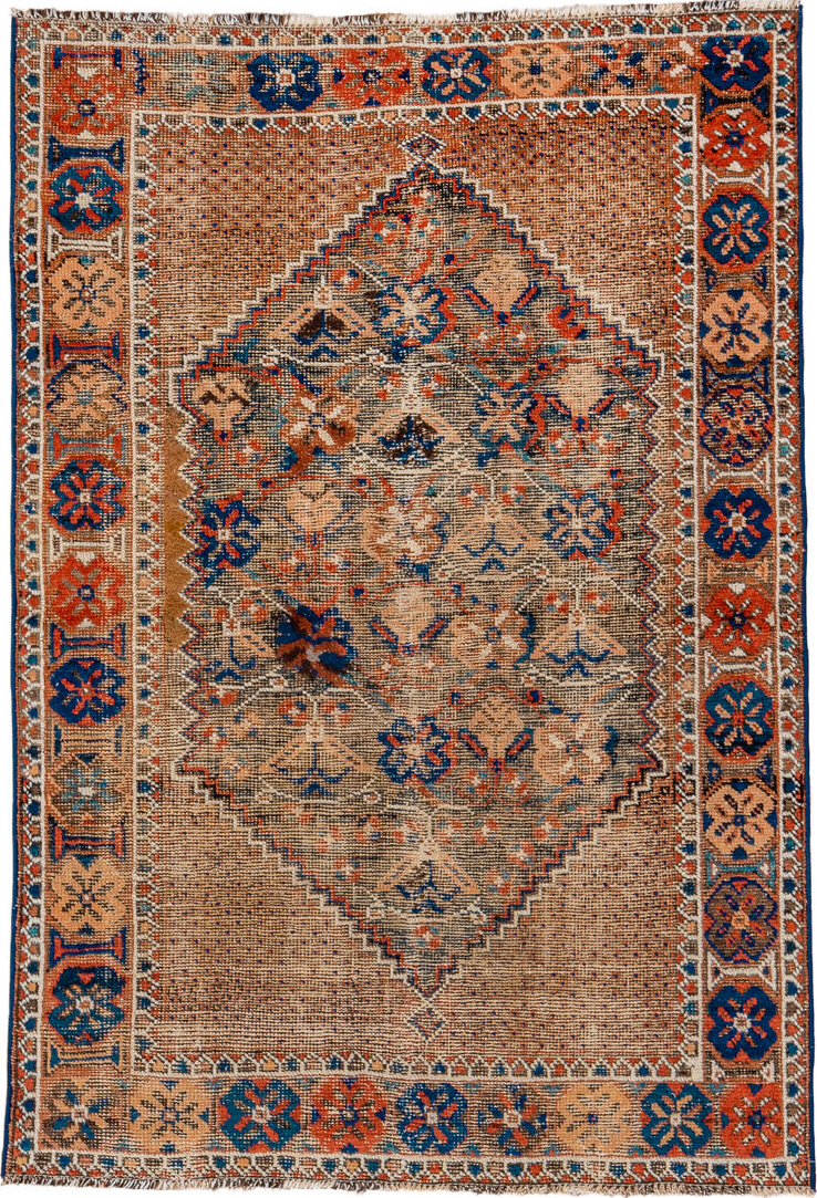3' x 5' one-of-a-kind handmade vintage Afshar small size rug. Color palette: brown, pink, orange, off-white, blue, gray, red