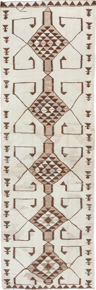 3' x 10' one-of-a-kind handmade vintage Kilim runner rug. Color palette: gray, light gray, brown, off-white, gainsboro