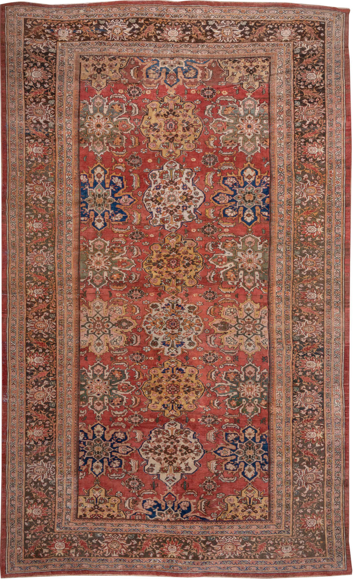 11' x 19' one-of-a-kind handmade vintage Sultanabad oversize rug. Color palette: blue, brown, gray, light gray, pink, red