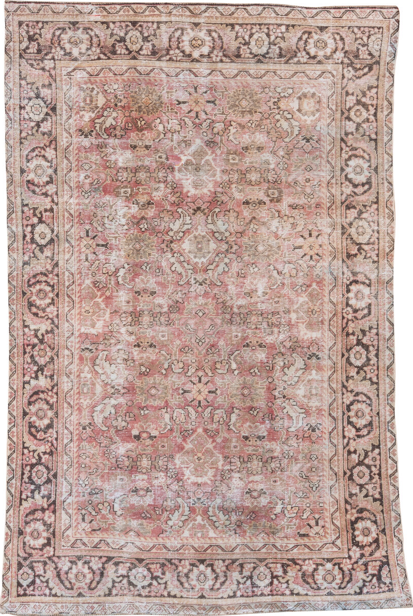 6' x 10' one-of-a-kind handmade vintage Mahal large size rug. Color palette: pink, gray, off-white, light gray, brown