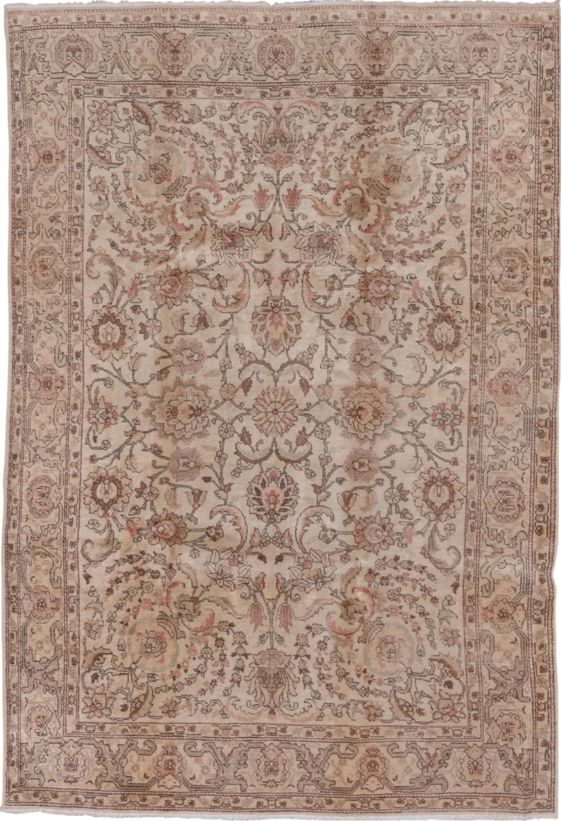 6' x 8' one-of-a-kind handmade vintage Tabriz medium size rug. Color palette: brown, gray, light gray, pink