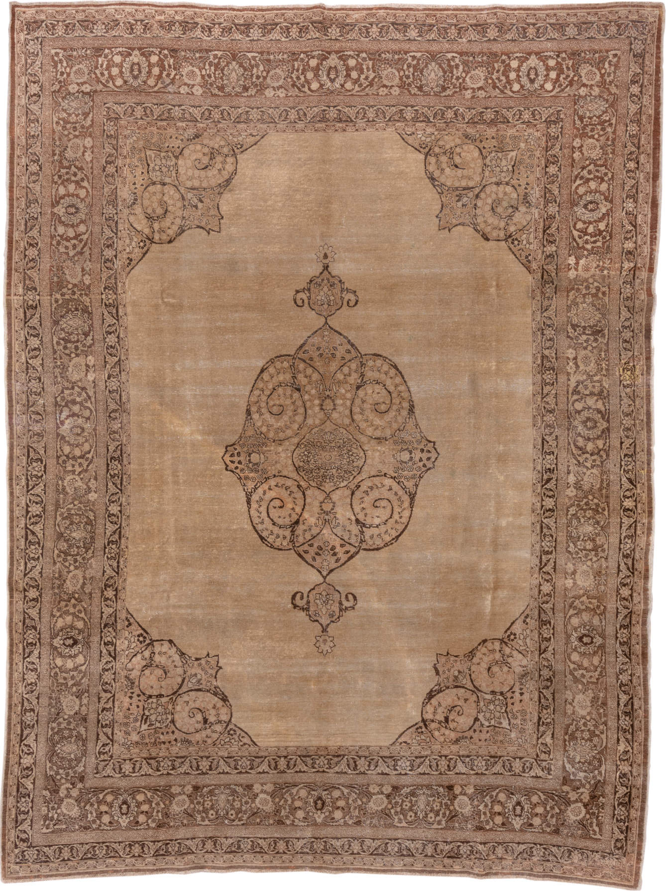 9' x 12' one-of-a-kind handmade vintage Tabriz large size rug. Color palette: brown, pink