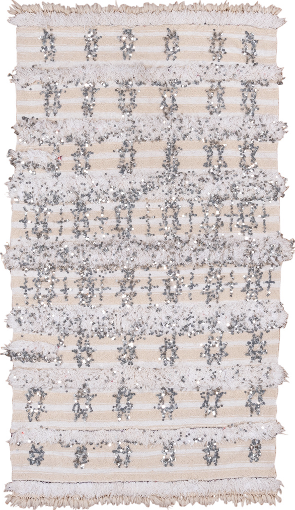 4' x 6' one-of-a-kind handmade vintage small size rug. Color palette: gray, light gray, off-white, pink, gainsboro