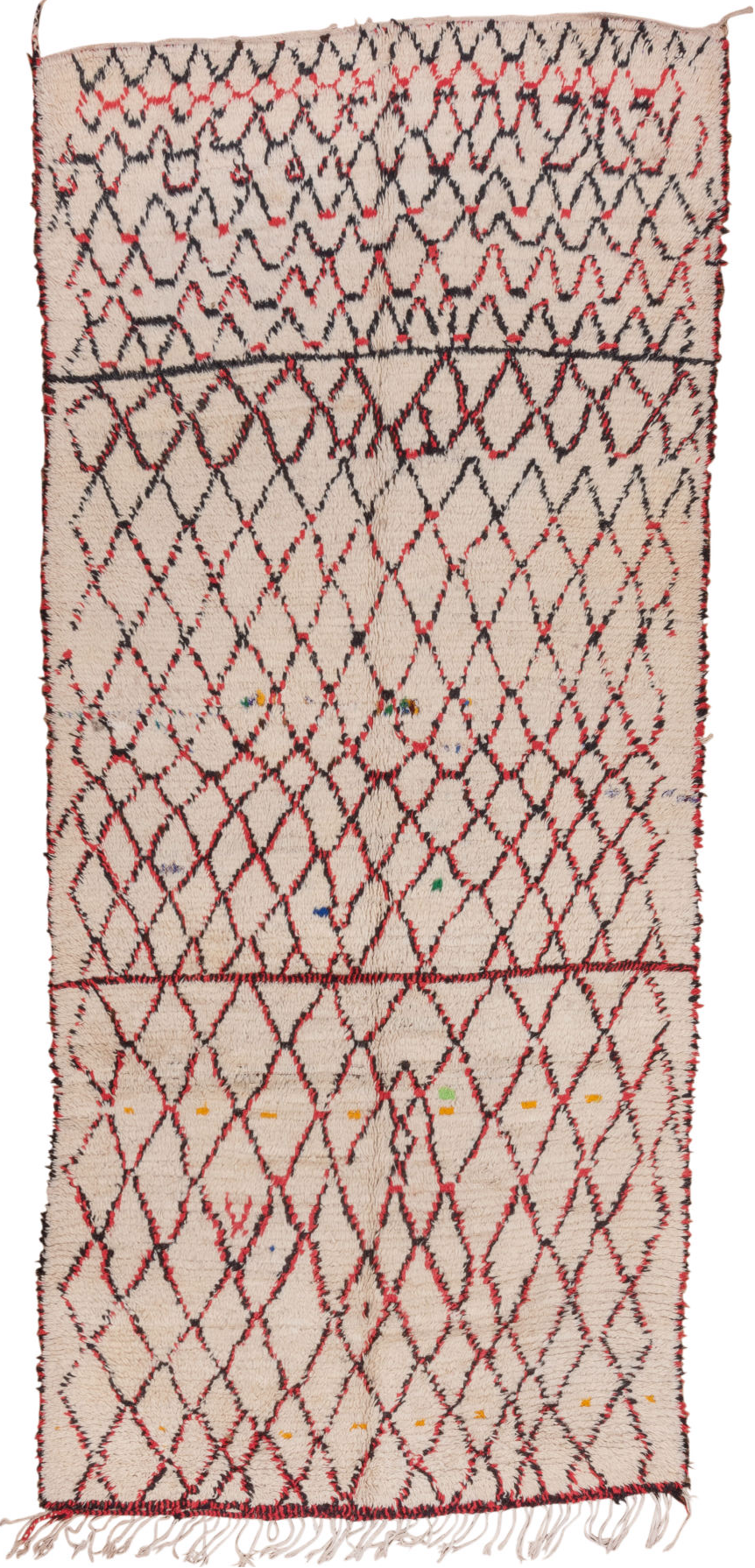 5' x 11' one-of-a-kind handmade vintage Moroccan rug. Color palette: brown, gray, light gray, off-white, pink, red, redwood