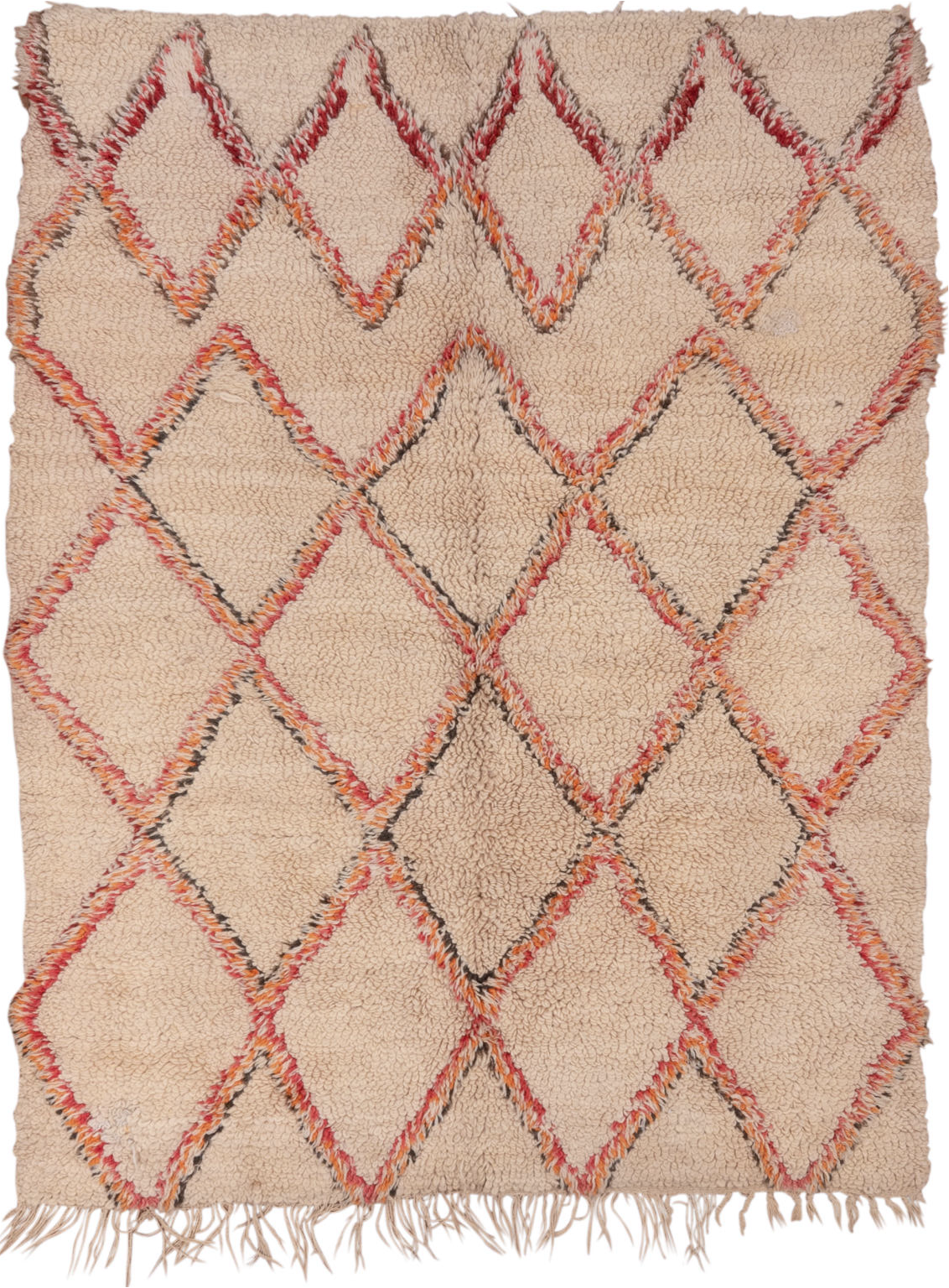 6' x 8' one-of-a-kind handmade vintage Moroccan medium size rug. Color palette: brown, gray, light gray, off-white, orange