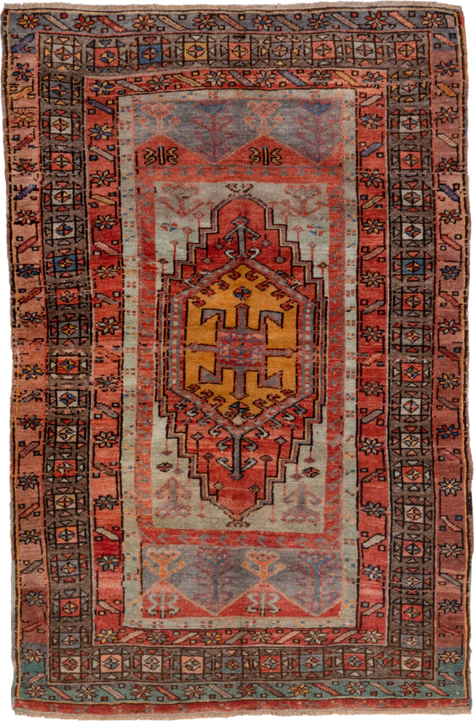 3' x 5' one-of-a-kind handmade vintage Oushak small size rug. Color palette: brown, gray, pink, blue, black