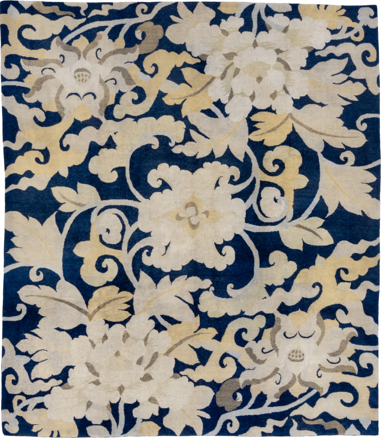 8' x 9' one-of-a-kind handmade vintage Tibetan rug. Color palette: blue, brown, fiord, gray, light gray, off-white, orange