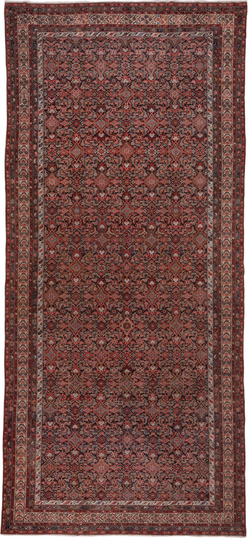 7' x 16' one-of-a-kind handmade vintage Malayer rug. Color palette: brown, gray, pink, red