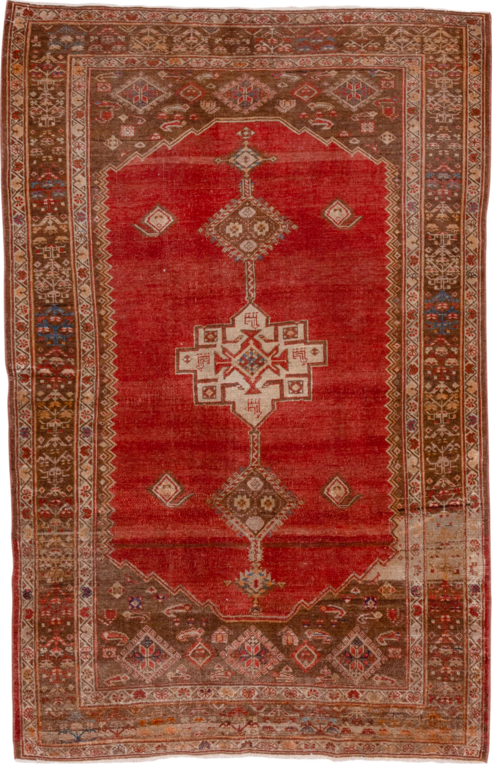 4' x 6' one-of-a-kind handmade vintage Oushak small size rug. Color palette: blue, brown, gray, pink, red, sienna