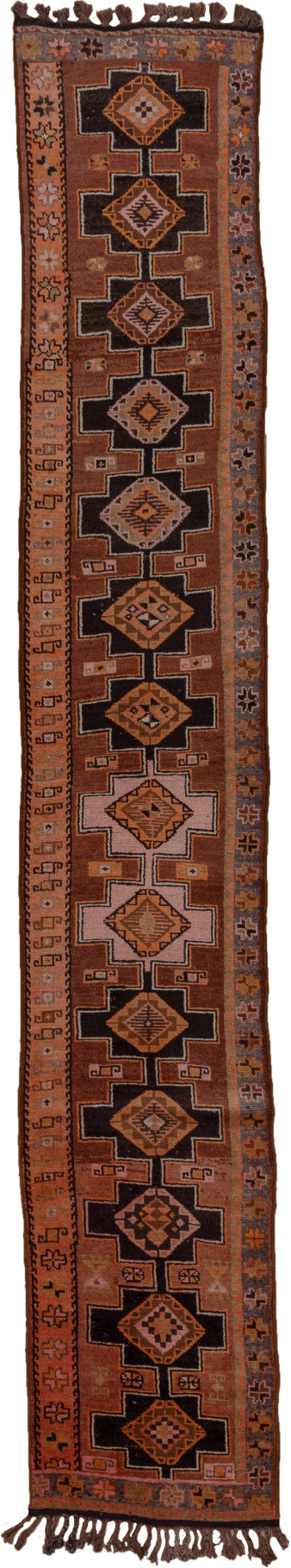 2' x 13' one-of-a-kind handmade vintage Kars runner rug. Color palette: brown, off-white, pink, snow, white, whitesmoke
