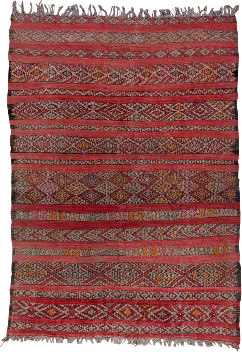 5' x 7' one-of-a-kind handmade vintage Kilim rug. Color palette: brown, gray, light gray, pink, red, redwood