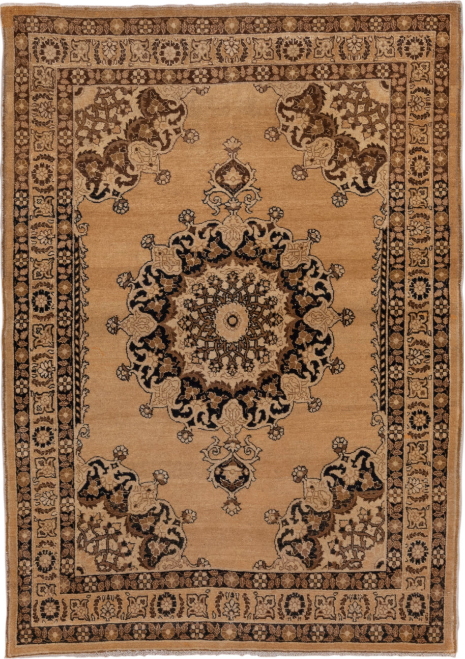 4' x 6' one-of-a-kind handmade vintage Tabriz small size rug. Color palette: black, brown, gray, light gray, off-white, pink