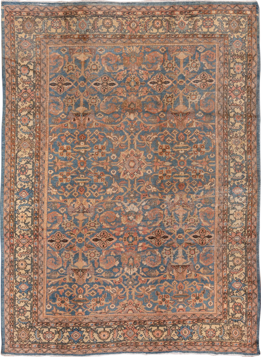8' x 10' one-of-a-kind handmade vintage Mahal large size rug. Color palette: brown, gray, pink, blue, orange, redwood, tan