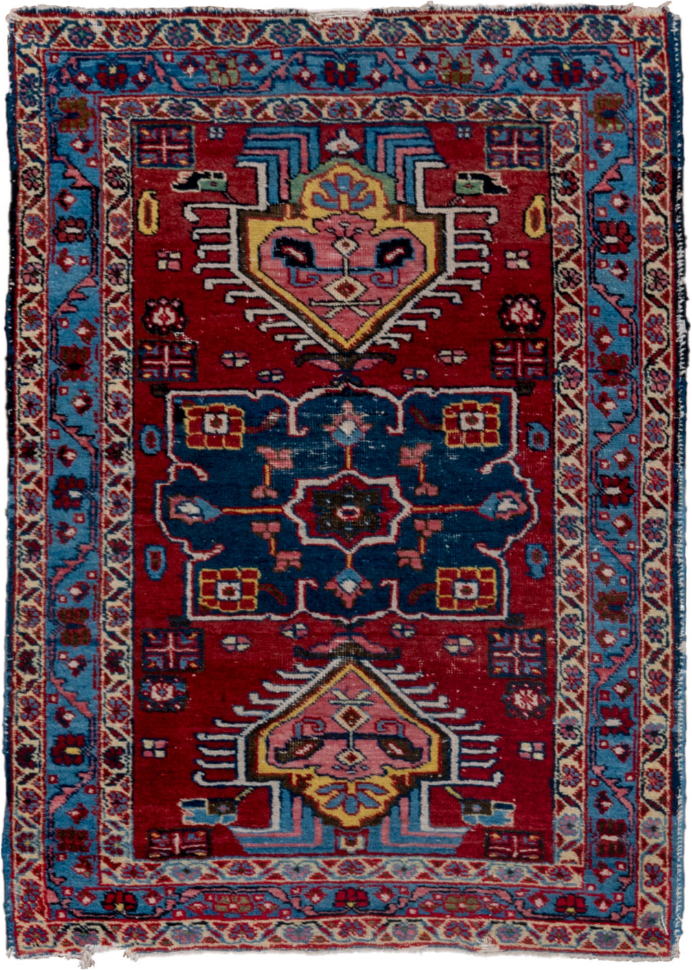 2' x 3' one-of-a-kind handmade vintage Heriz small size rug. Color palette: gray, red, brown, blue, black, pink