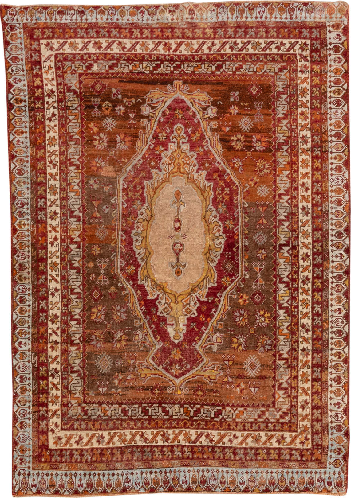 3' x 5' one-of-a-kind handmade vintage Sivas small size rug. Color palette: brown, gray, light gray, off-white, orange, pink