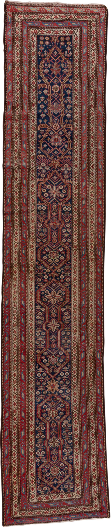 2' x 14' one-of-a-kind handmade vintage Malayer runner rug. Color palette: brown, gray, pink, red