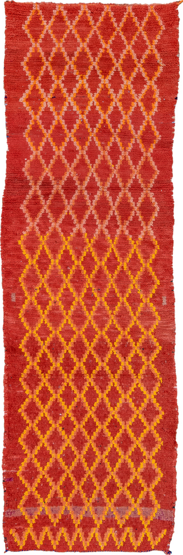 3' x 9' one-of-a-kind handmade vintage Rag Rug runner rug. Color palette: pink, orange, brown, red, fire brick
