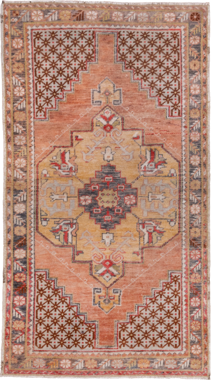 3' x 6' one-of-a-kind handmade vintage Oushak small size rug. Color palette: brown, gray, light gray, off-white, pink, red