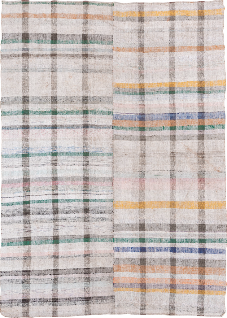 6' x 8' one-of-a-kind handmade vintage Rag Rug medium size rug. Color palette: gray, pink, off-white, brown, light gray