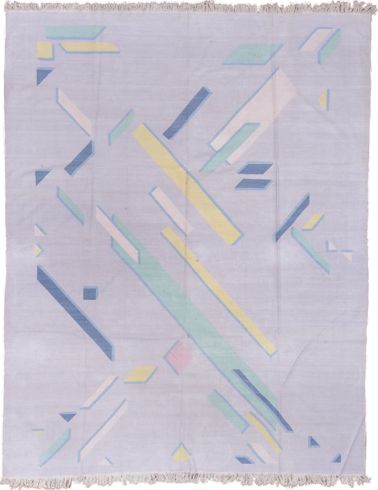 9' x 11' one-of-a-kind handmade vintage Dhurrie large size rug. Color palette: brown, gainsboro, gray, light blue