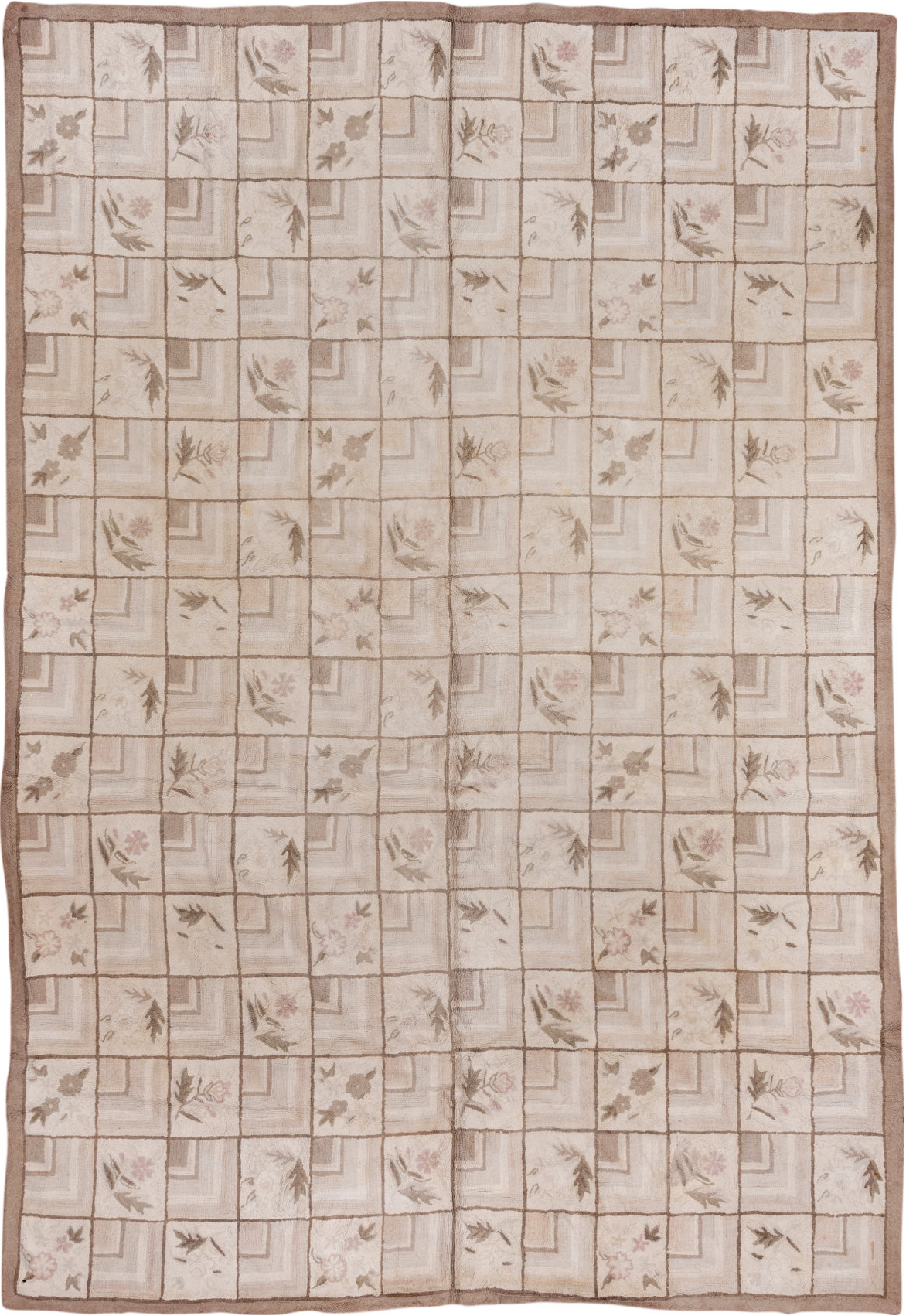 9' x 13' one-of-a-kind handmade vintage Hooked large size rug. Color palette: brown, gray, light gray, off-white, pink