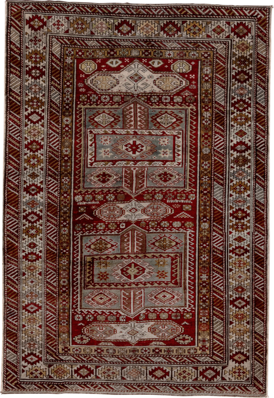4' x 6' one-of-a-kind handmade vintage Shirvan small size rug. Color palette: brown, gray, pink, red