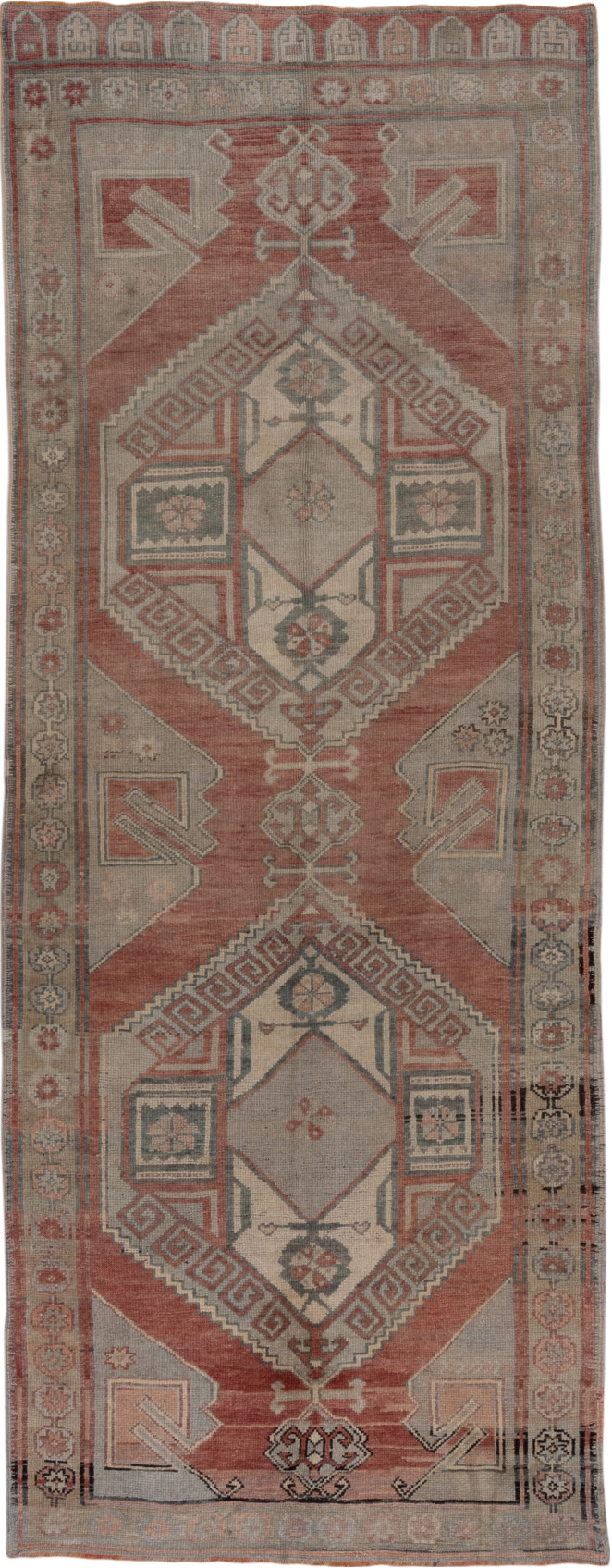4' x 11' one-of-a-kind handmade vintage Oushak runner rug. Color palette: black, brown, gray, off-white, pink, red, snow