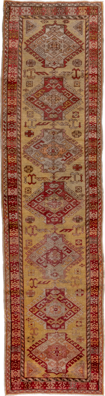 2' x 10' one-of-a-kind handmade vintage Oushak runner rug. Color palette: brown, off-white, pink, red, snow, white