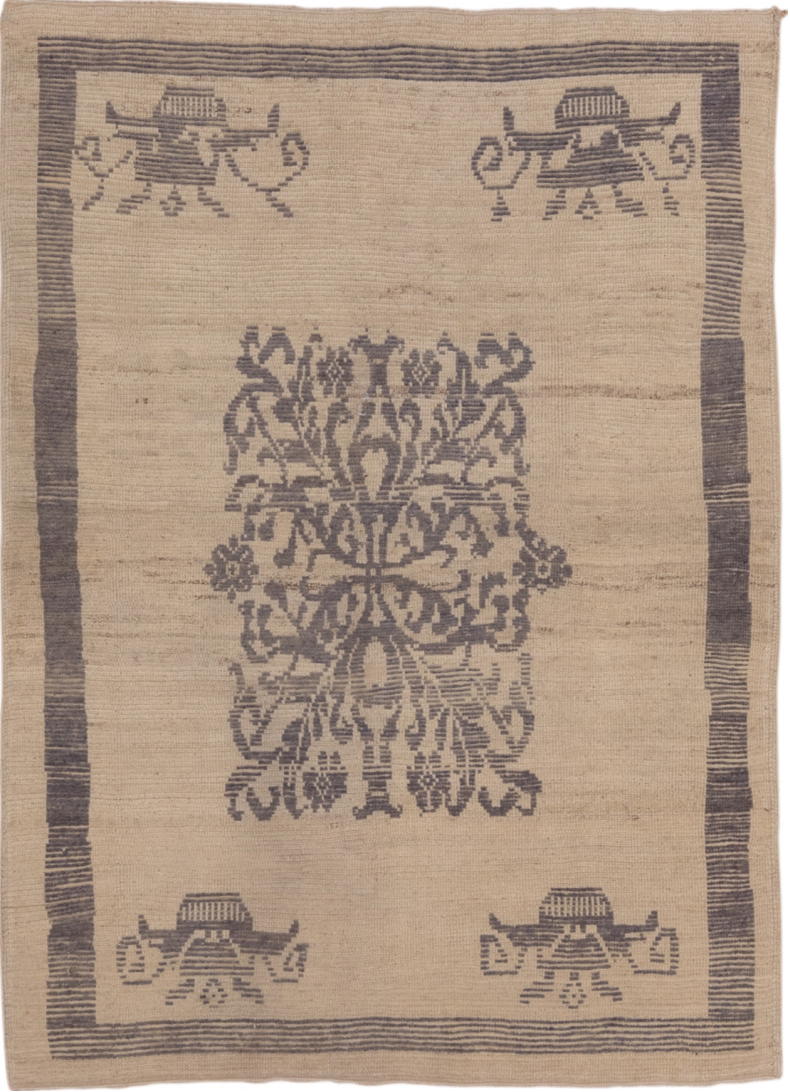 4' x 5' one-of-a-kind handmade vintage Tulu small size rug. Color palette: brown, gray, light gray, off-white, pink, snow