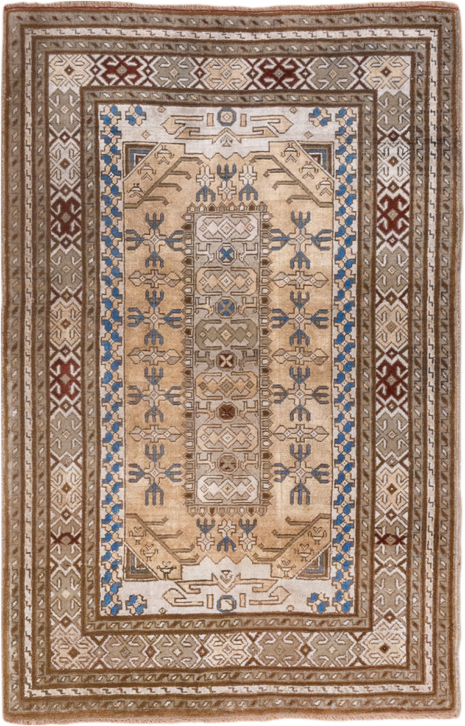 2' x 4' one-of-a-kind handmade vintage Sivas small size rug. Color palette: blue, brown, gray, light gray, light slate gray