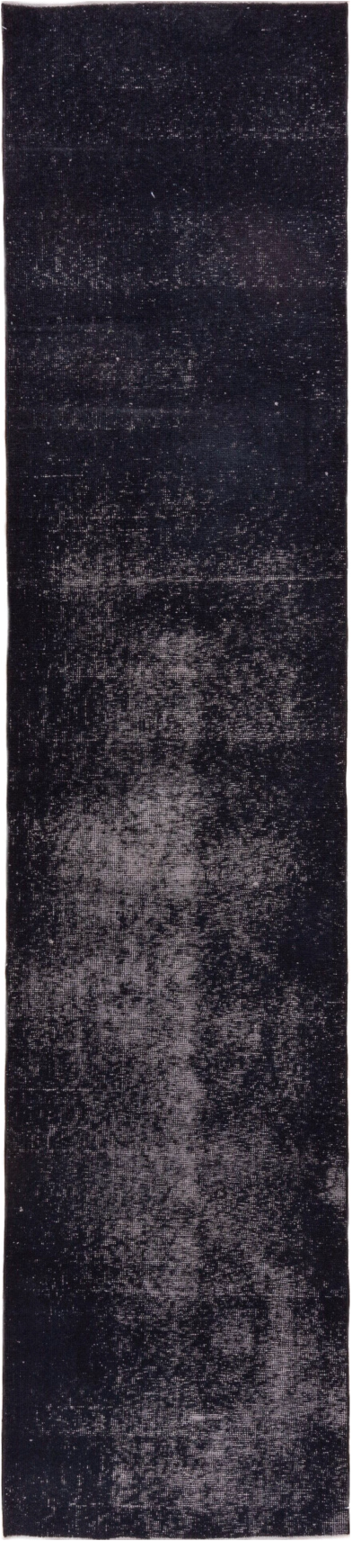 3' x 13' one-of-a-kind handmade vintage Overdyed runner rug. Color palette: black, charcoal, dim gray, gray, light gray