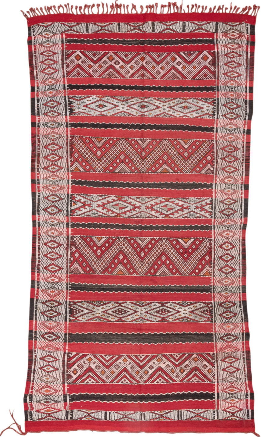 4' x 8' one-of-a-kind handmade vintage Kilim rug. Color palette: brown, gray, light gray, off-white, pink, red