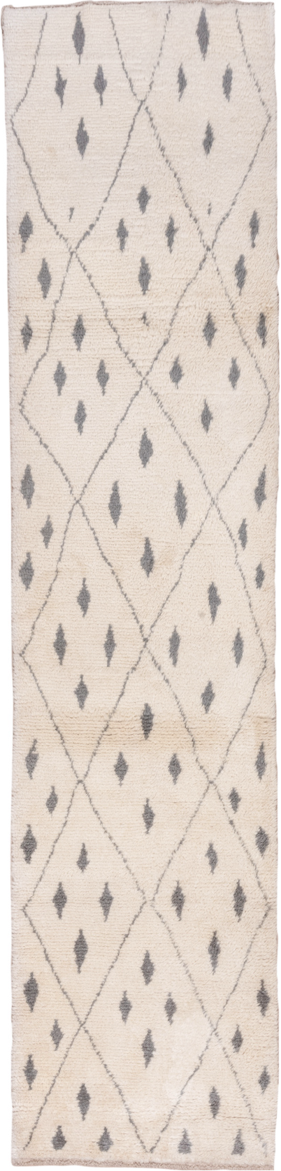 3' x 13' one-of-a-kind handmade vintage Moroccan runner rug. Color palette: antiquewhite, dark gray, gray, light gray, linen