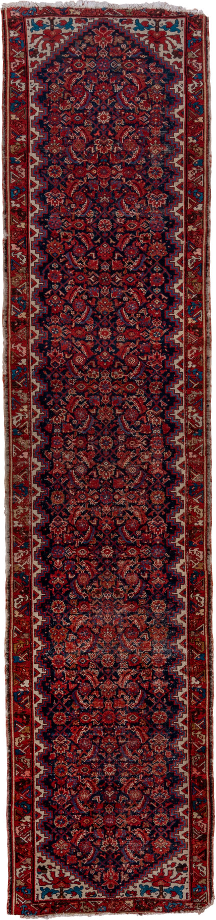 3' x 16' one-of-a-kind handmade vintage Malayer runner rug. Color palette: black, blue, brown, gray, pink, red, redwood