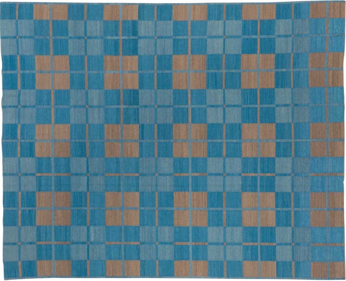 8' x 10' one-of-a-kind handmade vintage Kilim large size rug. Color palette: blue, gray, pink