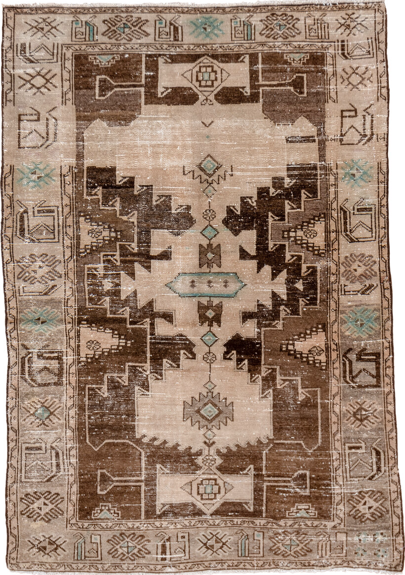 4' x 6' one-of-a-kind handmade vintage Hamadan small size rug. Color palette: off-white, brown, gray, light gray, orange