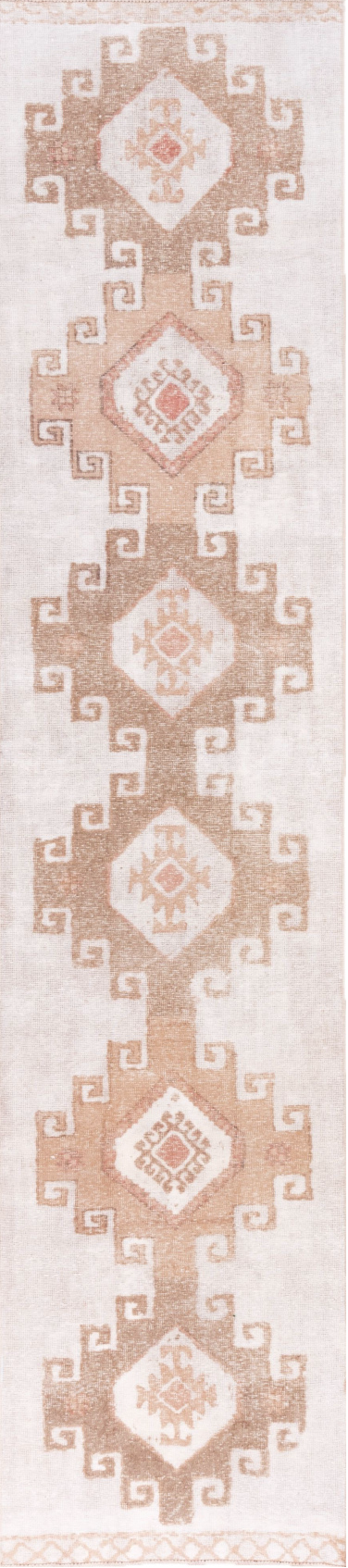 2' x 12' one-of-a-kind handmade vintage Oushak runner rug. Color palette: brown, gainsboro, gray, lavender blush, light gray