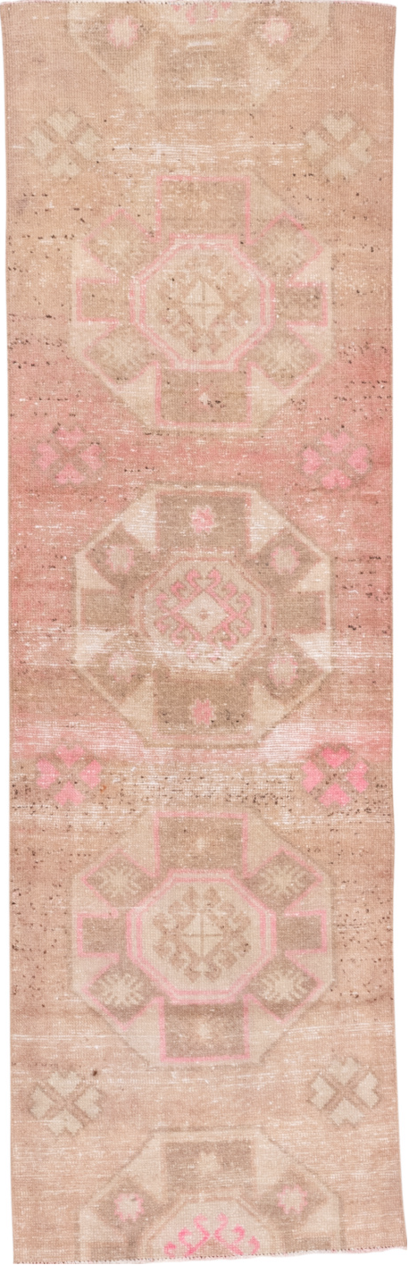 2' x 8' one-of-a-kind handmade vintage Oushak runner rug. Color palette: brown, light gray, off-white, orange, pink, snow