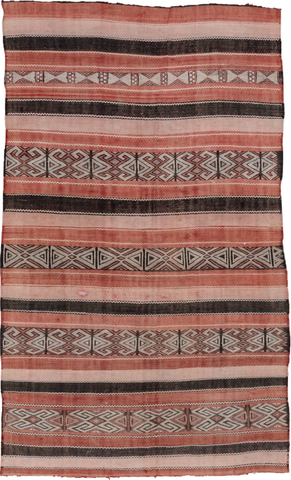 5' x 8' one-of-a-kind handmade vintage Jijim medium size rug. Color palette: black, brown, gray, light gray, orange, pink