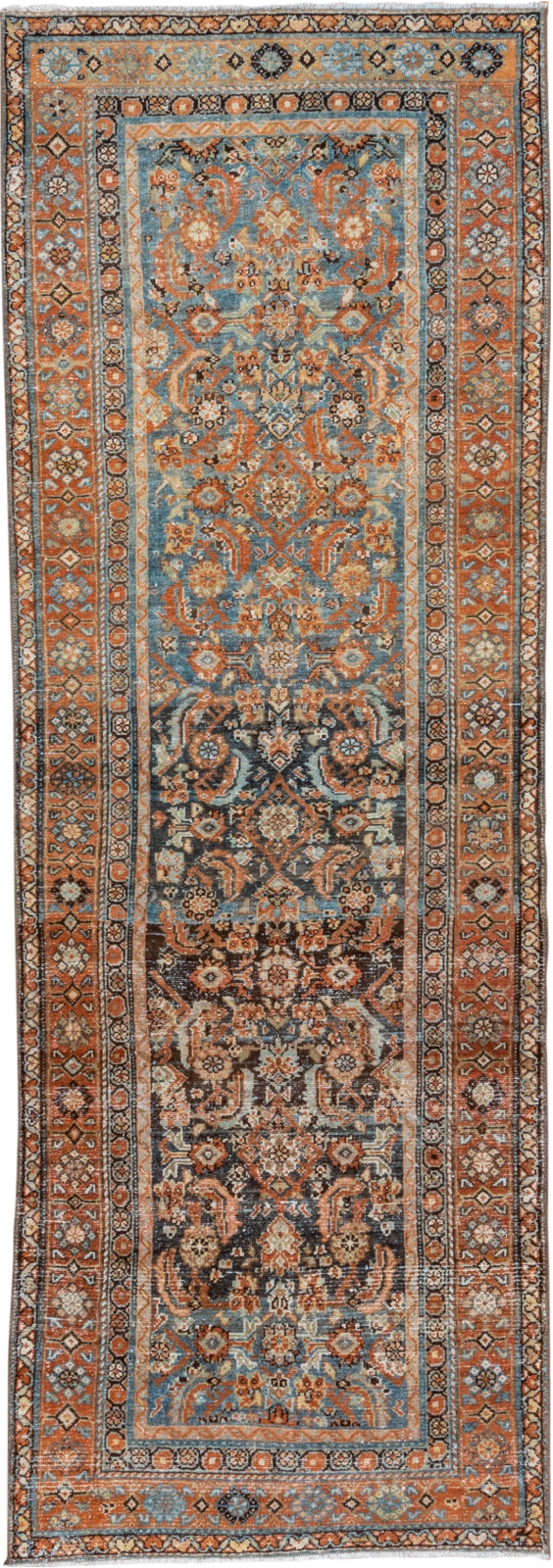 3' x 9' one-of-a-kind handmade vintage Malayer runner rug. Color palette: gray, brown, pink, light gray, off-white, blue