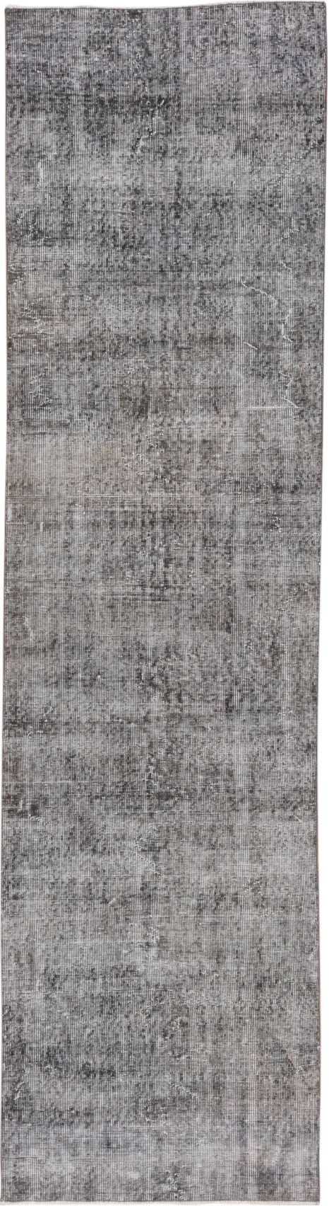 2' x 10' one-of-a-kind handmade vintage Overdyed runner rug. Color palette: black, charcoal, dark gray, dim gray, gray