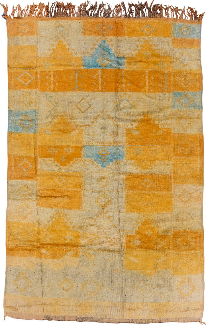 6' x 10' one-of-a-kind handmade vintage Moroccan large size rug. Color palette: brown, yellow, off-white, gray, tan