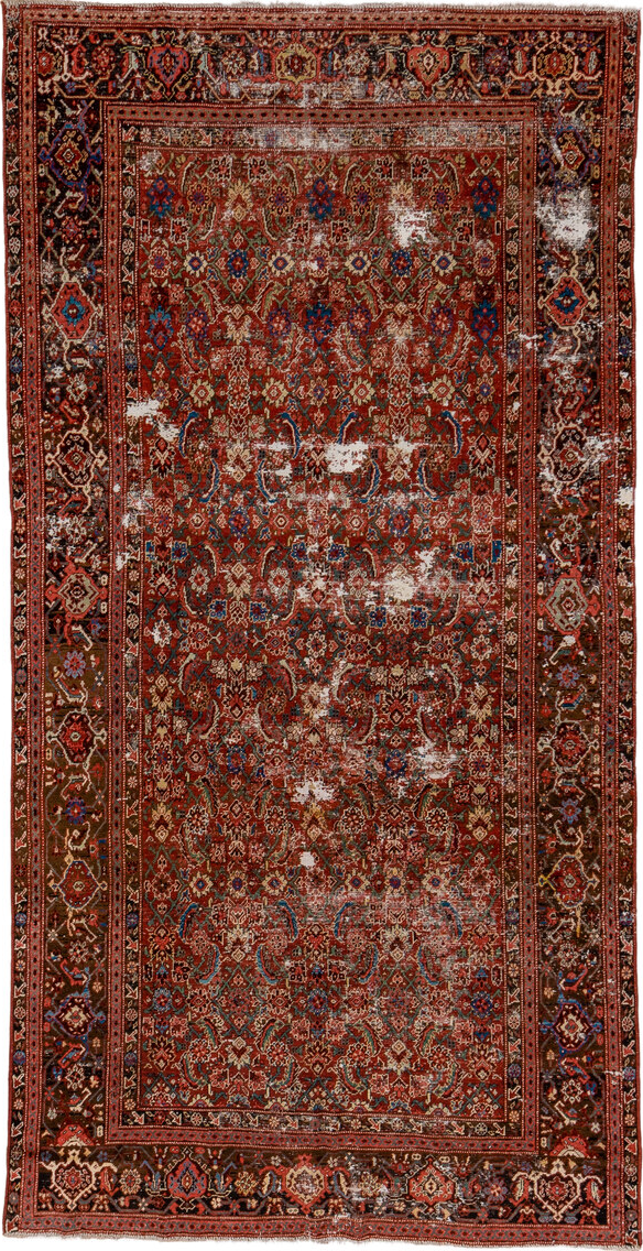 5' x 9' one-of-a-kind handmade vintage Malayer medium size rug. Color palette: pink, brown, gray, red, blue, arapawa
