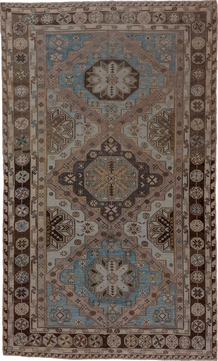 7' x 11' one-of-a-kind handmade vintage Sumak large size rug. Color palette: gray, brown, blue, dim gray